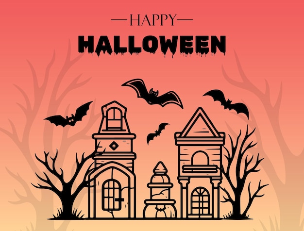 Feliz cartel de Halloween con árbol de murciélago castillo Vector ilustración monocroma Lugar para texto Marco de folleto