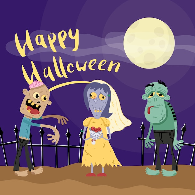 Feliz cartel de Halloween con zombies en el cementerio