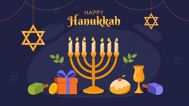 Feliz cartel de hanukkah, fiesta judía tradicional y festival de año nuevo para israel, candelabro dorado