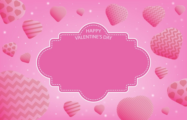 Feliz cartel o pancarta del Día de San Valentín con varios corazones y marco de borde en blanco sobre fondo rosa