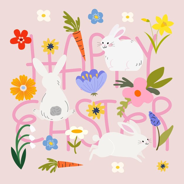 Feliz cartel de Pascua Tarjeta de felicitación de primavera Elementos de primavera conejos flores silvestres Fiestas cristianas