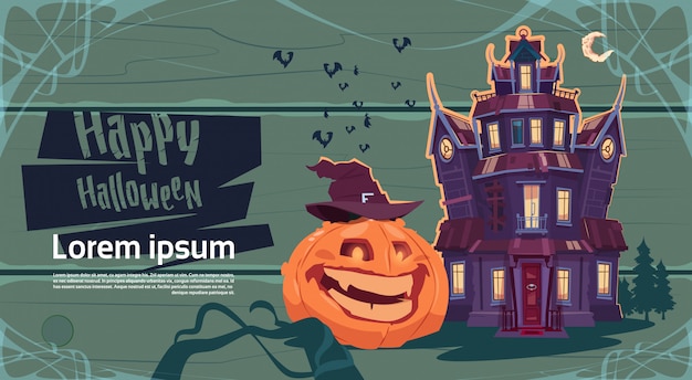 Feliz castillo gótico de halloween con concepto de tarjeta de felicitación de calabaza