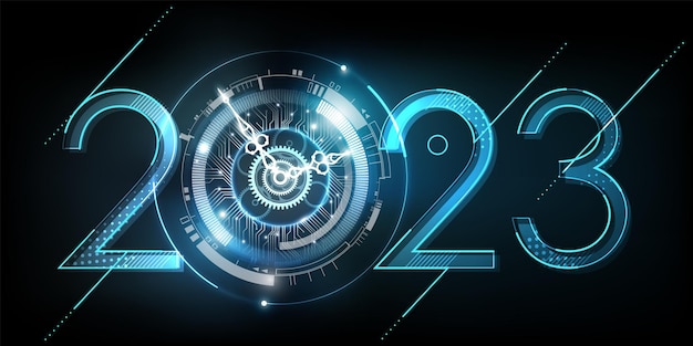 Feliz celebración de Año Nuevo 2023 con reloj abstracto de luz azul sobre fondo de tecnología futurista.