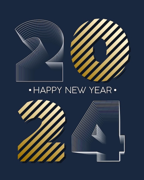 Feliz celebración del año nuevo 2024 tarjeta de felicitación de oro y azul