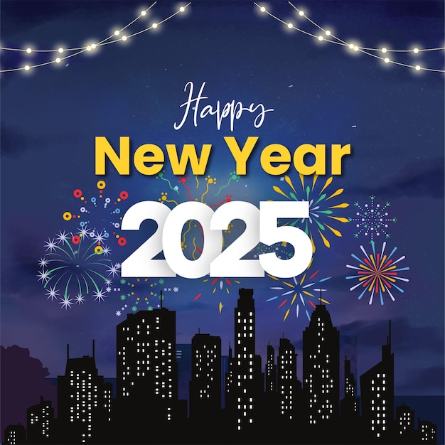 Feliz celebración del Año Nuevo 2025 con fuegos artificiales en el horizonte de la ciudad y luces festivas