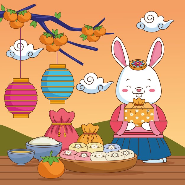 Feliz celebración de chuseok con comida y regalo de elevación de conejo