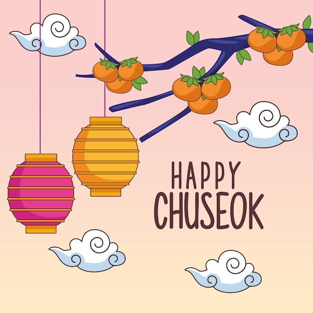 Feliz celebración de chuseok con lámparas colgantes y naranjos