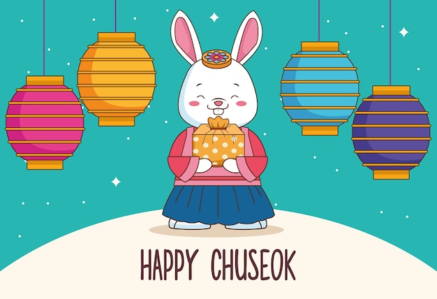 Feliz celebración de chuseok con regalo de elevación de conejo y lámparas colgantes