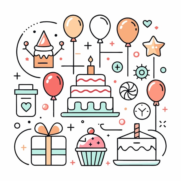 Feliz celebración de cumpleaños con pastel globos regalo y pastel