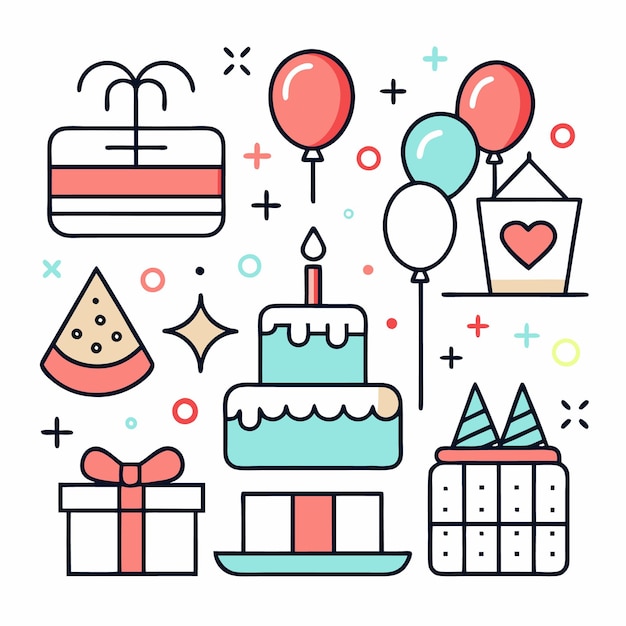 Feliz celebración de cumpleaños con pastel, globos, regalos y sandía.