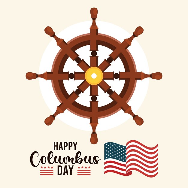 Feliz celebración del día de colón con timón de barco y letras.