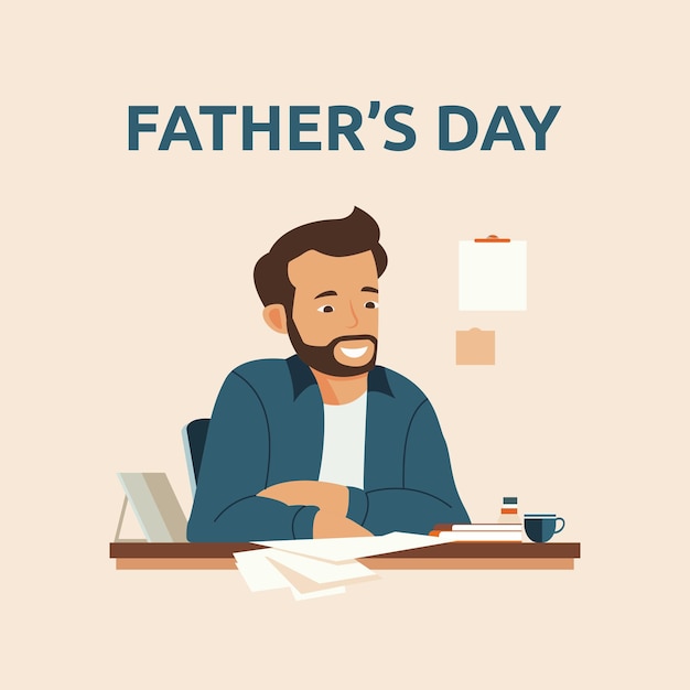 Feliz celebración del Día del Padre con el personaje de papá trabajando en la oficina para la familia