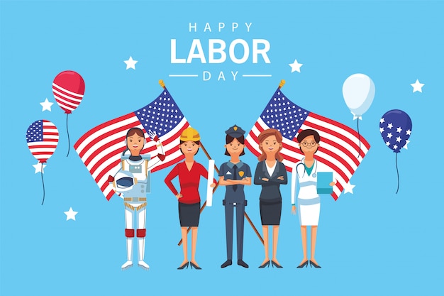 Feliz celebración del día del trabajo con trabajadores y banderas