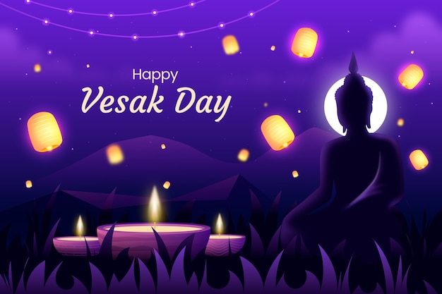 Feliz celebración del día de Vesak con Buda y linternas