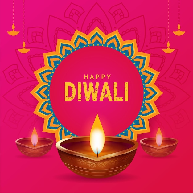 Feliz celebración de Diwali diseño de plantilla de póster colorido con lámpara de aceite decorativa Festival de luces