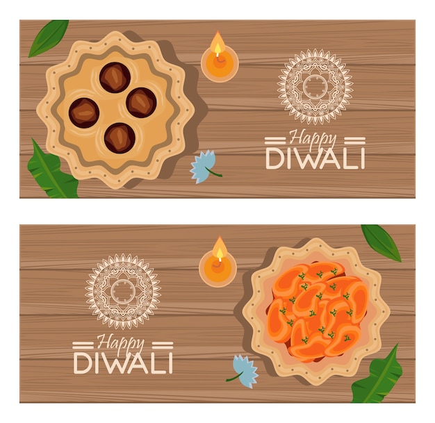 Feliz celebración de diwali con tres velas en fondos de madera