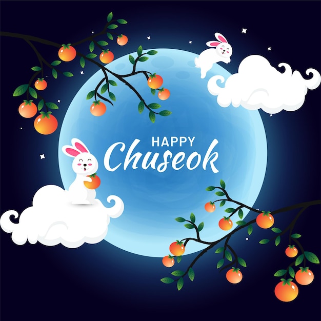 Feliz celebración del festival coreano chuseok con lindo conejito vector premium