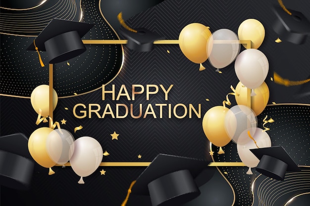 Feliz celebración de la graduación con globos y gorras