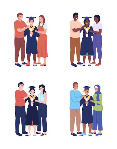 Feliz celebración de graduación personajes vectoriales de color semiplano establecidos Figuras de pie Personas de cuerpo completo en blanco Ceremonia simple ilustración de estilo de dibujos animados para diseño gráfico web y paquete de animación
