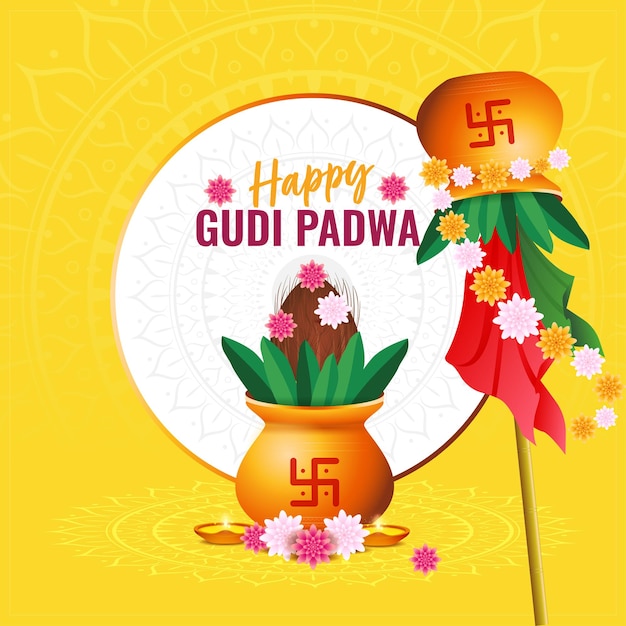Feliz celebración de Gudi Padwa de la India ilustración con fondo decorado