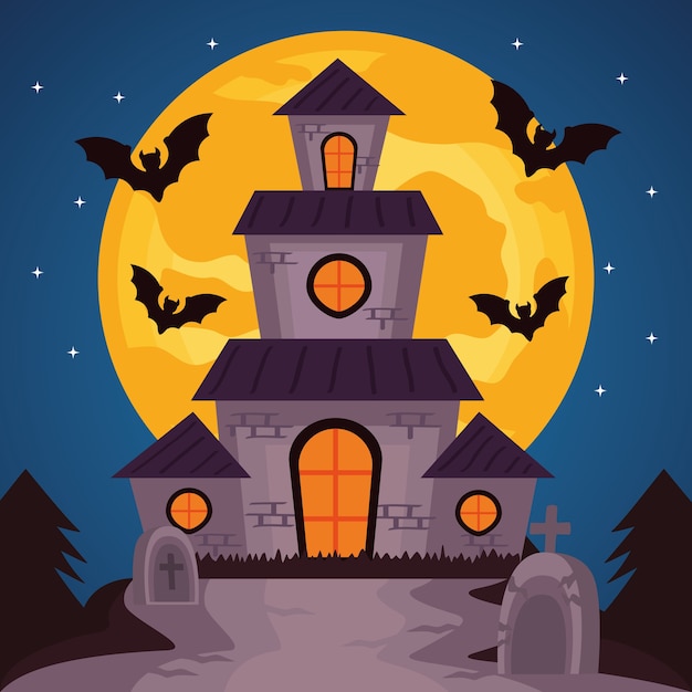 Feliz celebración de halloween con castillo encantado y murciélagos volando, diseño de ilustraciones vectoriales