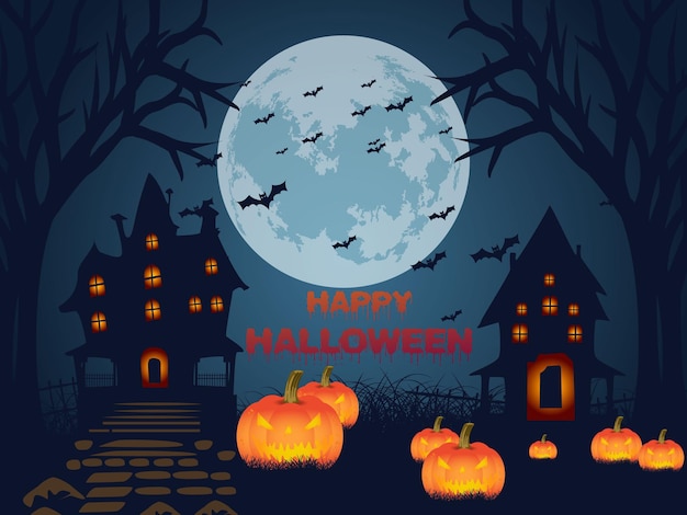 Feliz celebración de Halloween cementerio festivo árbol y murciélagos fondo de terror