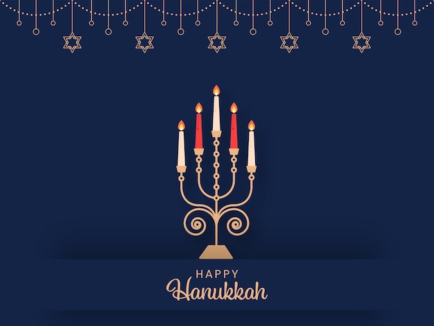 Feliz celebración de Hanukkah Tarjeta de felicitación con candelabros iluminados y estrellas colgantes de David decoradas con fondo azul