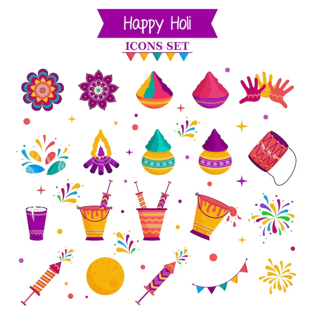 Feliz celebración holi coloridos iconos planos