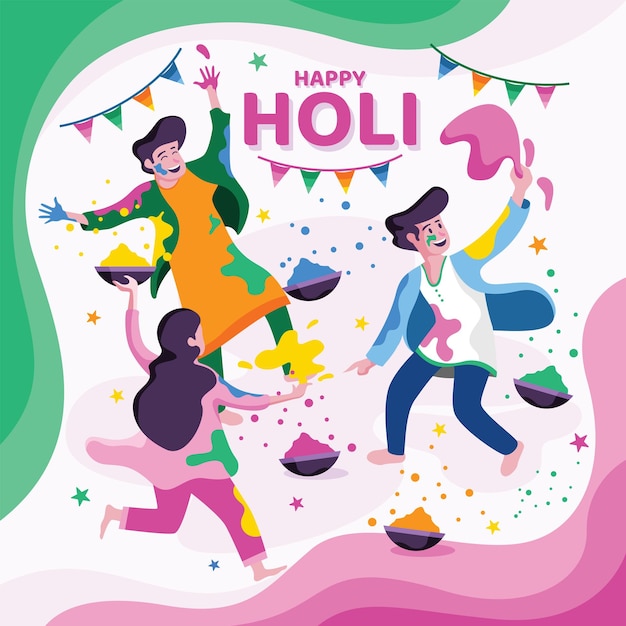 Feliz celebración de Holi con la gente arrojando polvo de colores