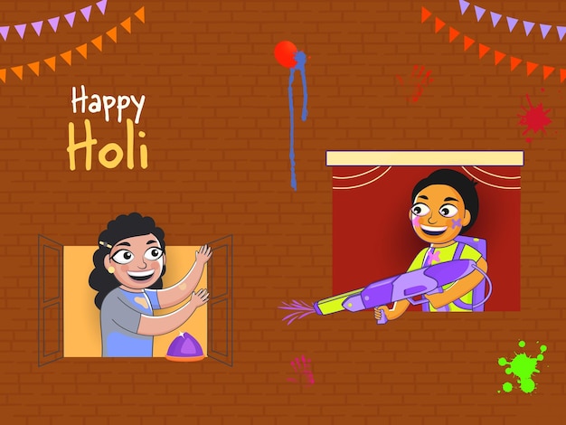 Feliz celebración de Holi con el vecino chico salpicando a la chica de la pistola de agua en su balcón