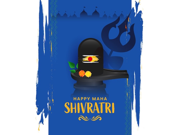 Feliz celebración de Maha Shivratri Concepto con adoración Estatua de Shiva Lingam de mármol negro con tridente y Damru en silueta azul Template Efecto de pincel Fondo blanco