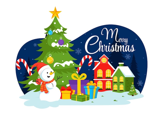 Feliz celebración de Navidad Ilustración vectorial con Santa Claus Caja de regalos de bola de burbuja Regalos sorpresa Árboles y nieve en un fondo plano de dibujos animados