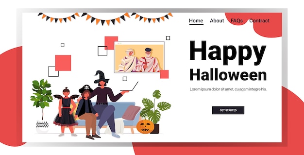 Feliz celebración navideña de halloween concepto familia en disfraces discutiendo con los abuelos durante la videollamada