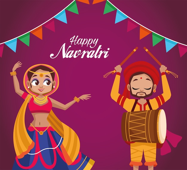 Feliz celebración navratri con mujer bailando y hombre tocando el tambor
