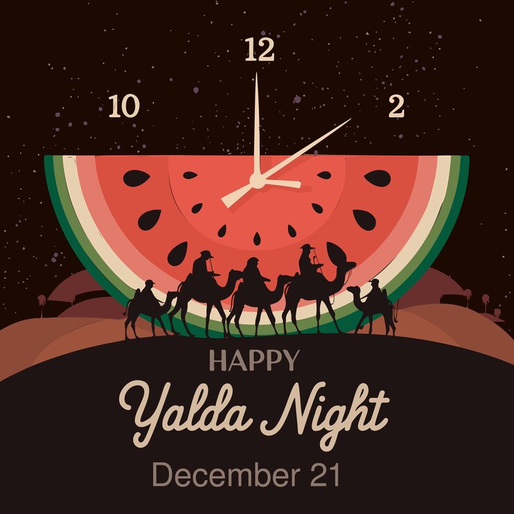 Vector feliz celebración de la noche de yalda 21 de diciembre diseño vectorial con silueta de sandía y camello