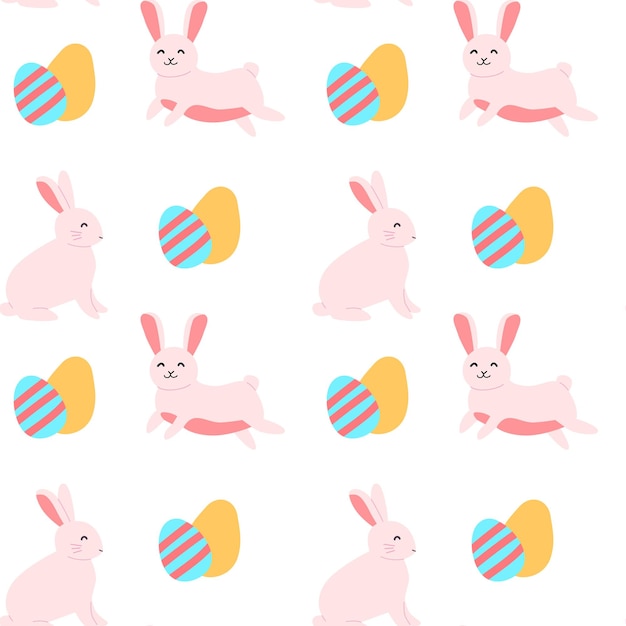 Feliz celebración de Pascua con conejitos adorables y coloridos huevos geométricos diseño de patrón