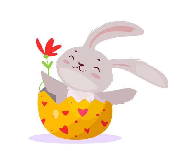 Feliz celebración de Pascua conejo adorable se sienta en la cáscara de huevo y sostiene la flor de primavera diseño tradicional