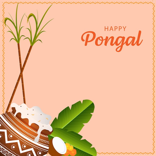 Feliz celebración de Pongal Tarjeta de felicitación con plato tradicional en olla de barro Hojas de plátano Mitad de flor de caléndula de coco y cañas de azúcar sobre fondo de melocotón