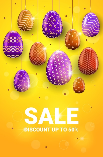 Vector feliz celebración de vacaciones de pascua venta banner flyer o tarjeta de felicitación con huevos decorativos ilustración vertical