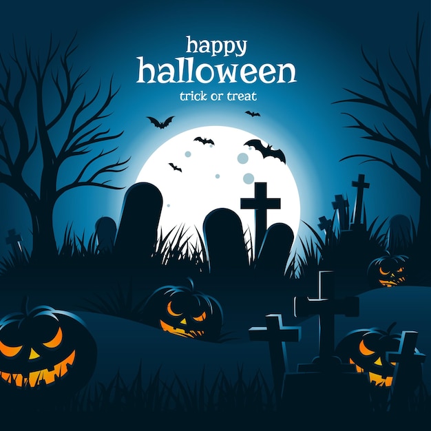 Feliz cementerio de fondo de Halloween con luna llena murciélagos voladores lápidas y calabazas aterradoras