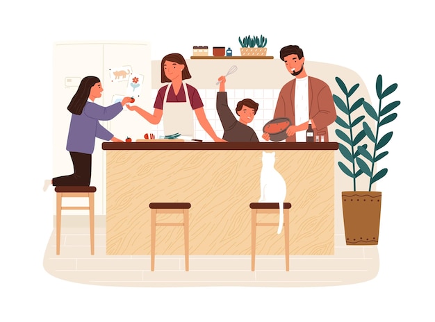 Feliz cena familiar cocinando juntos en una cocina moderna Ilustración plana vectorial Padres e hijos preparando el almuerzo aislados en blanco Madre padre hija e hijo pasando tiempo en casa