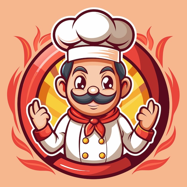 Feliz chef de dibujos animados en un círculo rojo con llamas