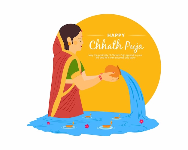 Vector feliz chhath puja fondo de vacaciones mujeres indias de pie en el agua y adorando al dios sol