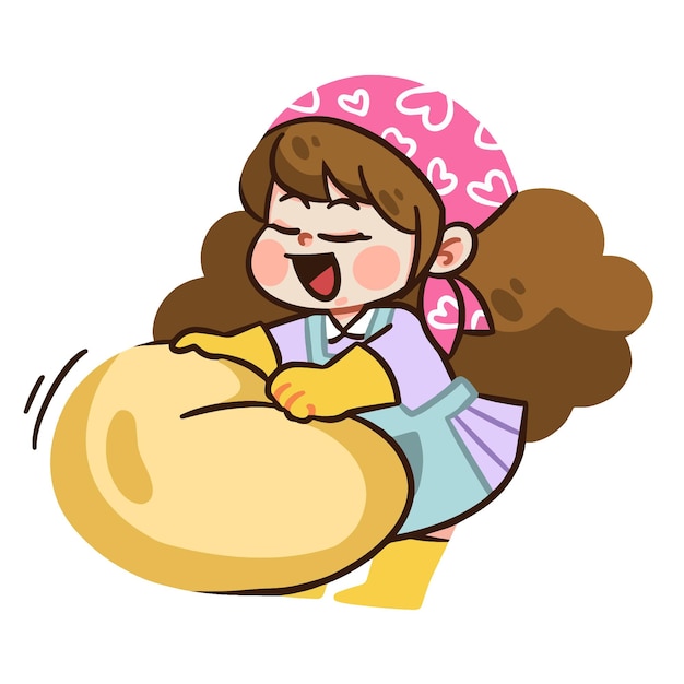 Feliz chica de dibujos animados kneading masa con el corazón pañuelo para la cabeza