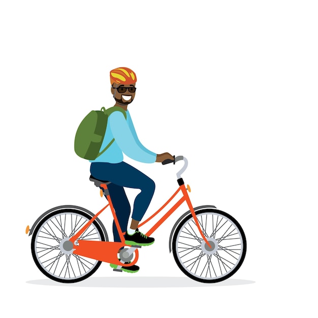 Feliz ciclista afroamericano con una ilustración vectorial en la mochila
