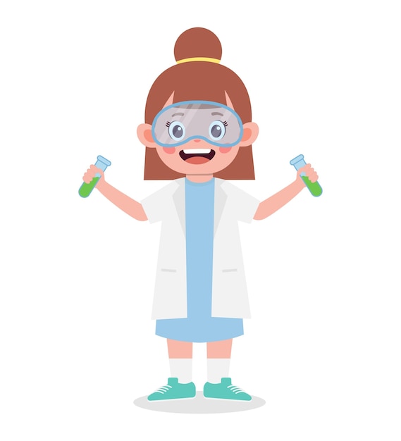 Feliz científico niños niña con elementos ilustración de dibujos animados