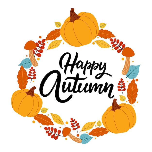 Feliz cita de otoño letras calabaza y hojas setas marco de otoño ilustración vectorial aislado