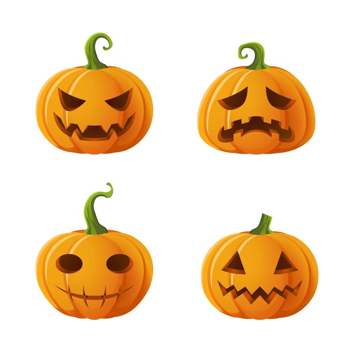 Feliz colección de calabazas naranjas de Halloween tallando la expresión facial