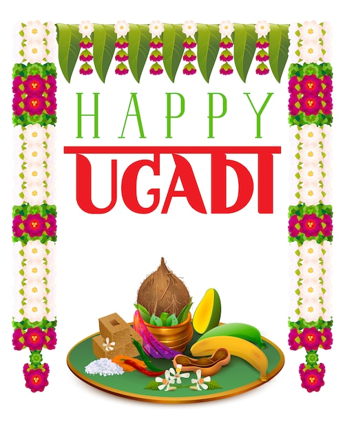 Feliz comida tradicional Ugadi y decoración de guirnaldas. Hoja de mango, azúcar, sal, plátano, neem y guirnalda de flores mala