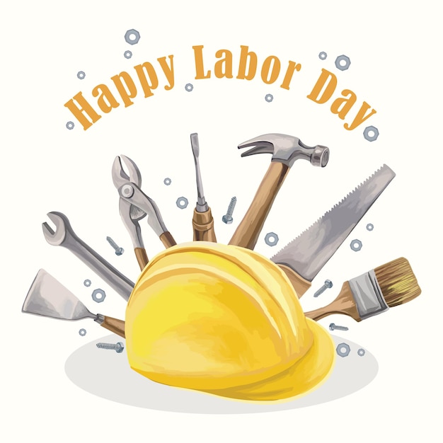 Feliz composición del Día del Trabajo con elementos de construcción y reparación Casco de protección